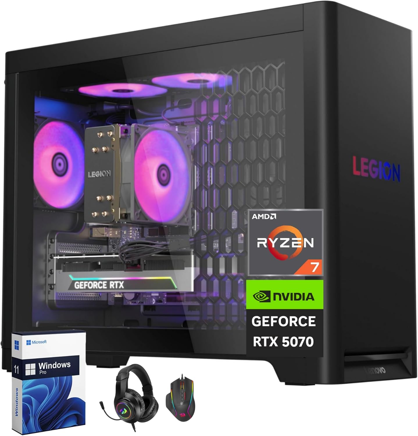 Lenovo Legion Tower 5 Gaming Desktop, NVIDIA GeForce RTX 5070, AMD Ryzen 7 7800X3D, 64GB DDR5 5600MHz, 1TB SSD, WiFi 6E, Legion Cooling, ARGB Fans, Win 11 Pro, W/REDRAON Gaming Headset & Mouse