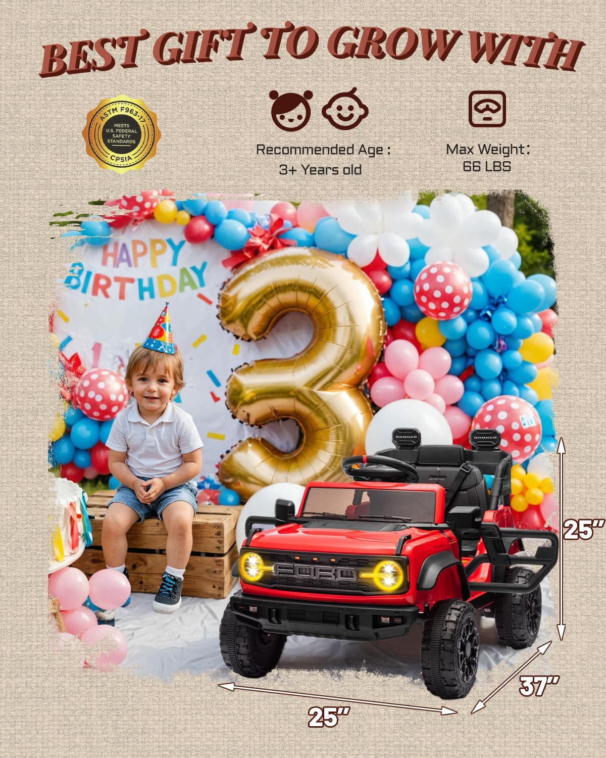 First Ride On Ford Bronco Raptor Licensed 12V Ride on Toys, Kids Ride on Car with Remote Control, Electric Car for Toddler with Smooth Start, Openable Doors, MP3 Player, 3 Speeds (12V, Red)