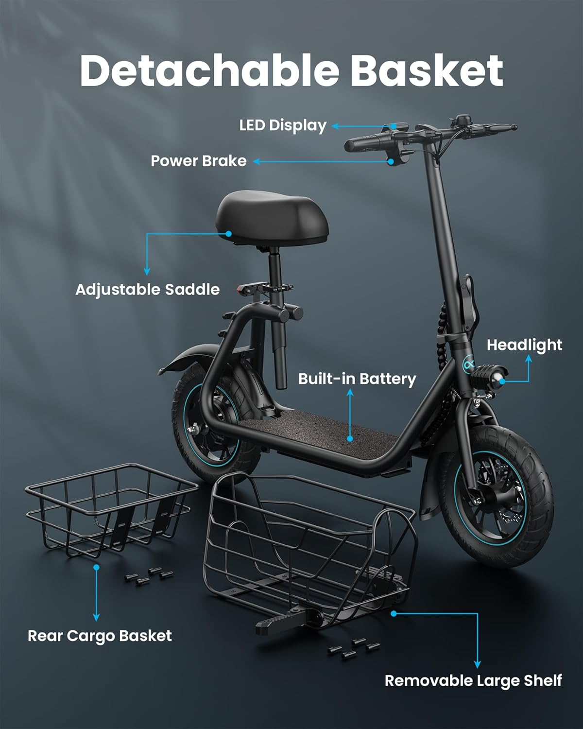 Gyroor Adults Electric Scooter with Large Middle Basket, 300W Motor 15.5 MPH 20 Mile Distance, Foldable E-Scooter with seat for Pets & Cargo