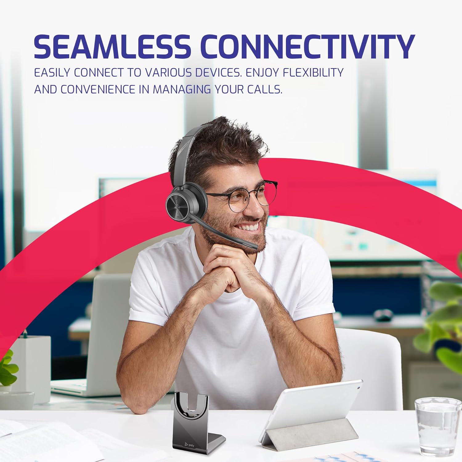 Poly Voyager 4310 UC Wireless Headset Bluetooth Office Earpiece, Plantronics Charge Stand, For Teams and Work From Home with Cellphone, PC, Mac, Compatible with Zoom, RingCentral, Meet, GTW Microfiber