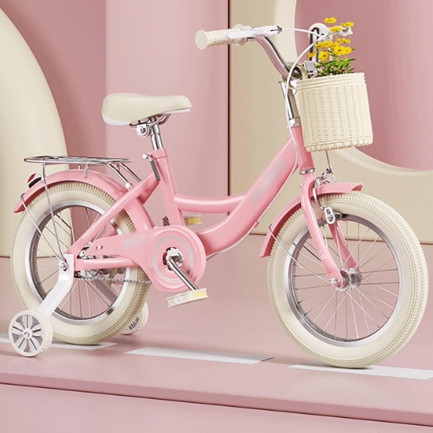 Wiggle cart Kids Bike Dual Handbrake Bicycle with Woven Basket Auxiliary Wheels Bell 6-12 Age