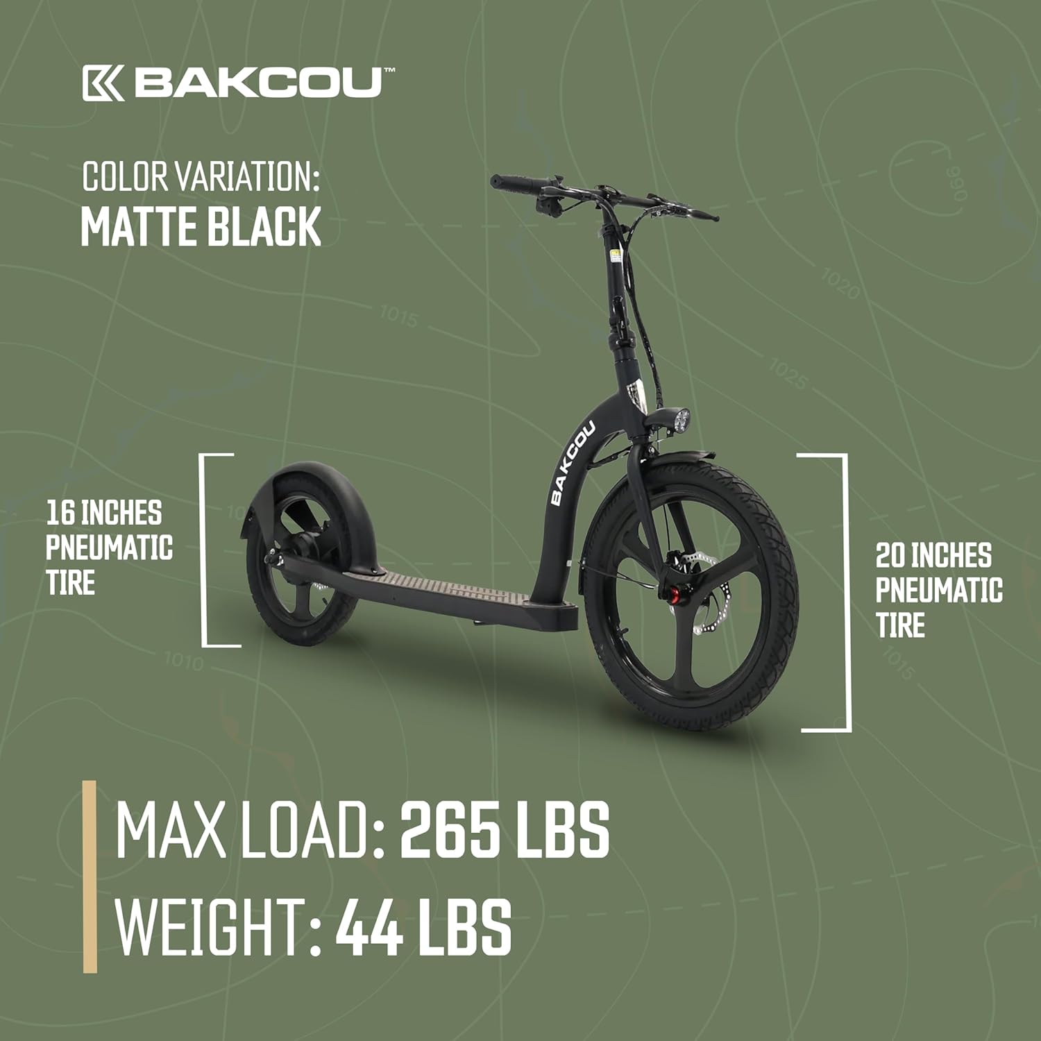 Bakcou - Badger Electric Scooter - 350W Motor, 36V Battery, Foldable, Disc Brakes, Lights, Horn, 20