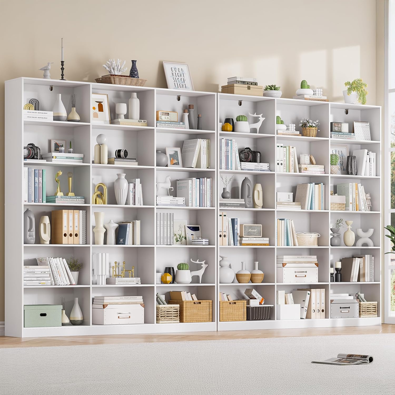 Odeekea White Bookcase with 18 Display Shelves, Triple Column Book Case, 2PC 6 Tier Large Bookshelf, Freestanding Storage Shelf for Bedroom Living Room Home Office