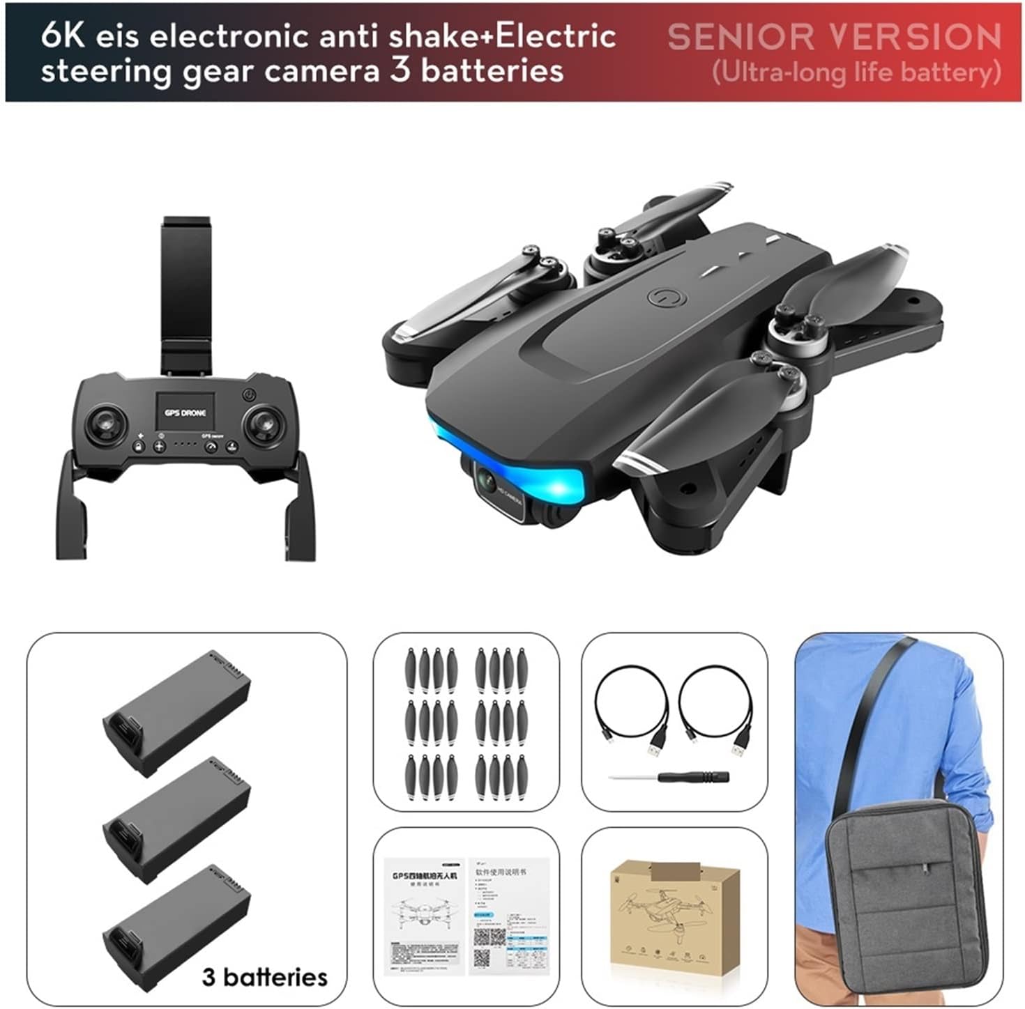 Drone Drone 6K Profesional GPS 5G WiFi RC Quadcopter Dual Camera Optical Flow 1KM Distance Helicopters Brushless Motor Toys One Key Take Off/Landing (Color : 2 Battery Bag Size : 1) (3 Battery Bag 1)