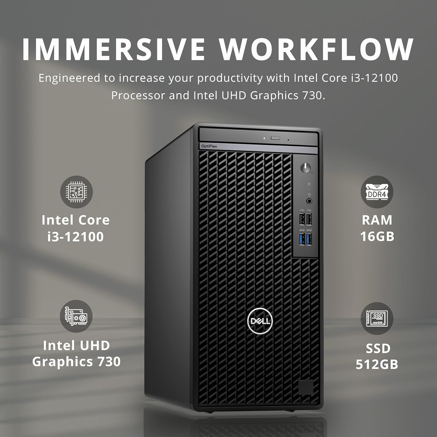 Dell OptiPlex 3000 Tower Desktop, Intel i3-12100, 16GB DDR4 RAM, 512GB SSD, ‎Intel UHD Graphics 730, Wi-Fi, HDMI, RJ-45, DVD-RW, Wired Keyboard & Mouse, Windows 11 Pro, Black (Renewed)