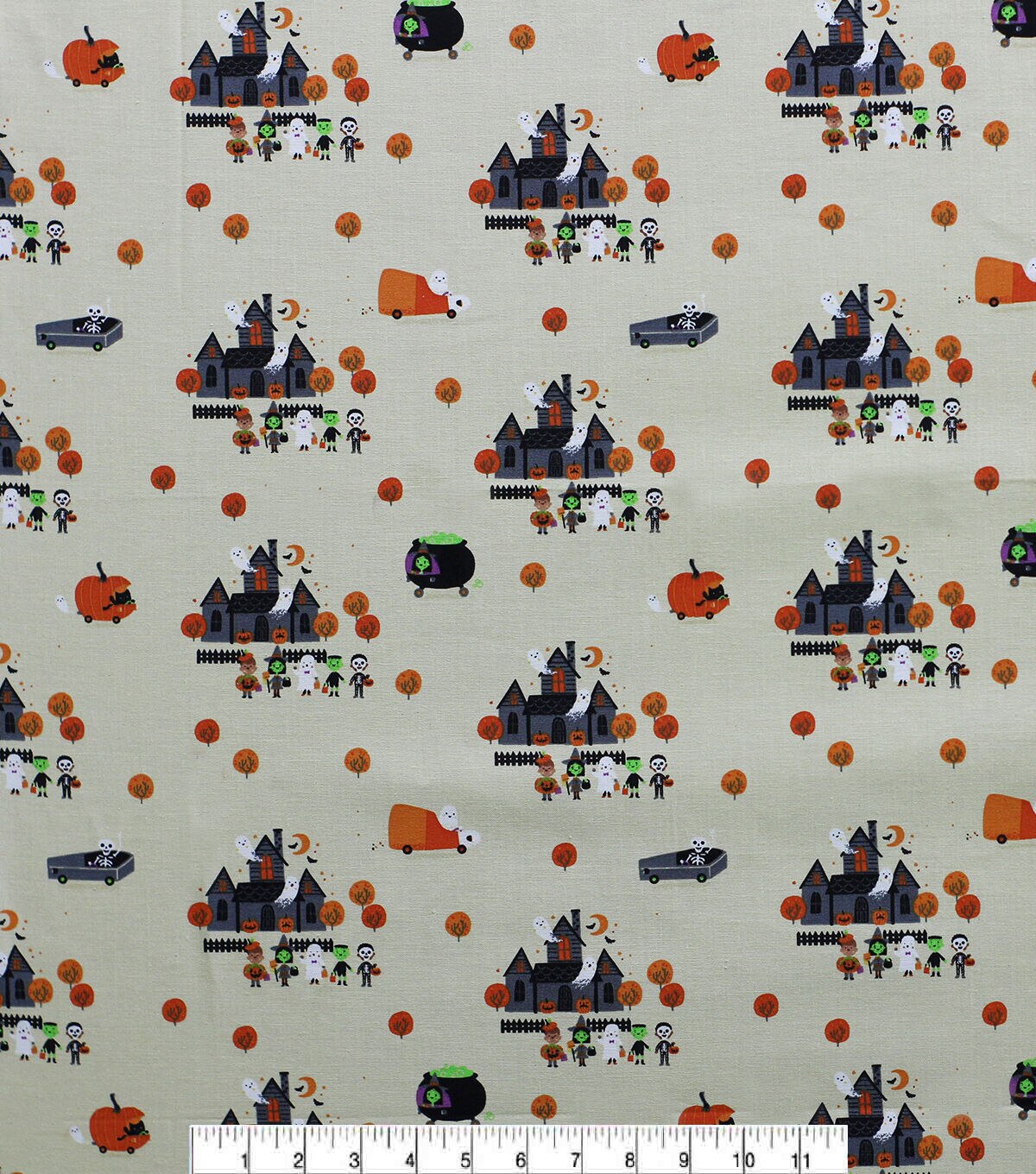 Halloween Haunted House on White Cotton Fabric