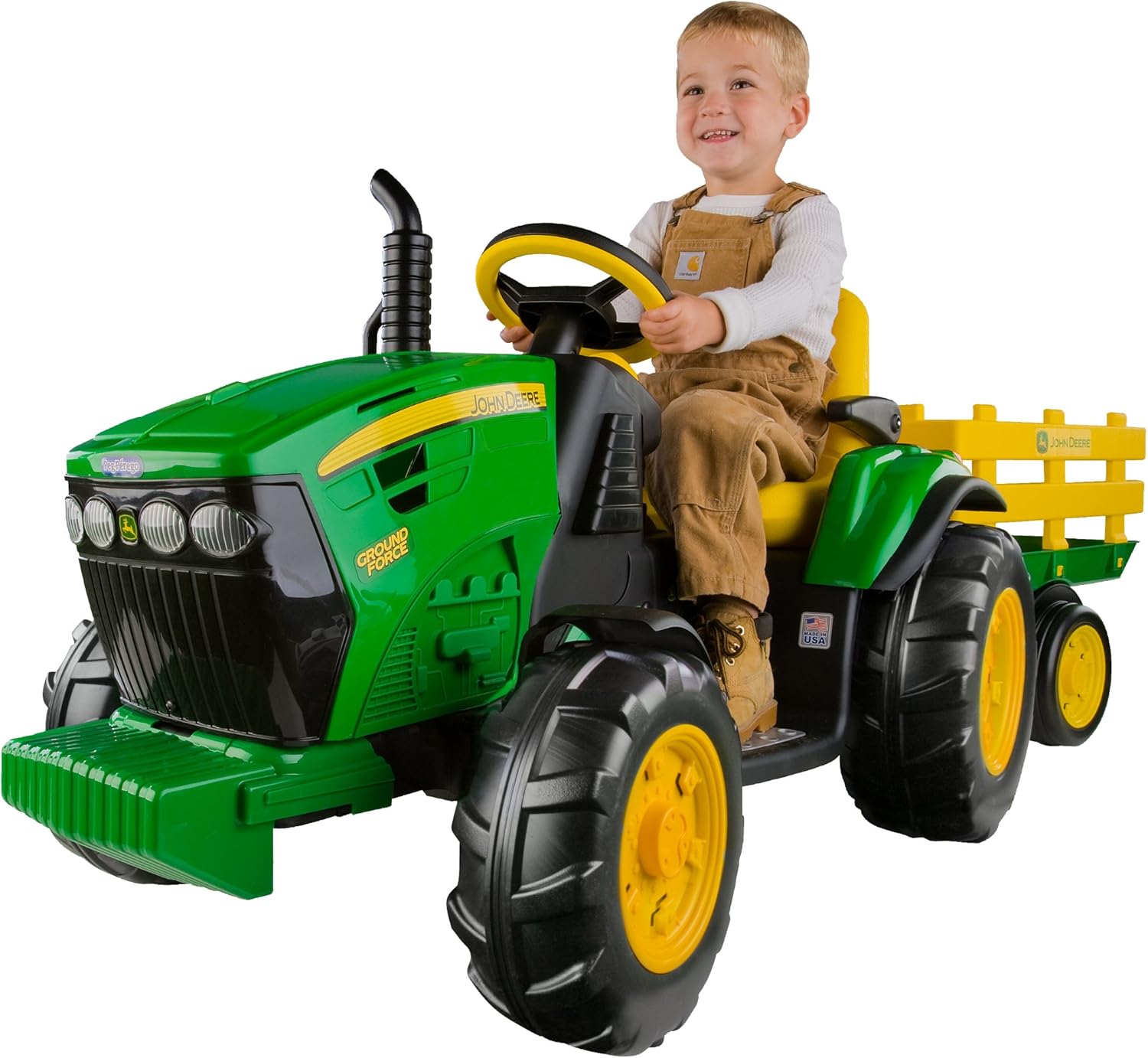 Peg Perego John Deere Ground Force Extra-Large 12 volt Ride-On Tractor with Trailer & FM Radio, Durable Design for Kids Ages 3-7