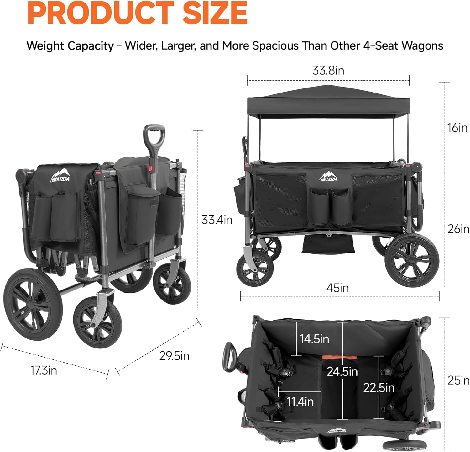 4 Seater Foldable Wagon Stroller & Cargo,with 5-Point Harnesses,Adjustable Push/Pull Handle, Removable Sun Canopy, One-Step Locking Design, Suitable for Family Travel, 4 Children Ride, Gift