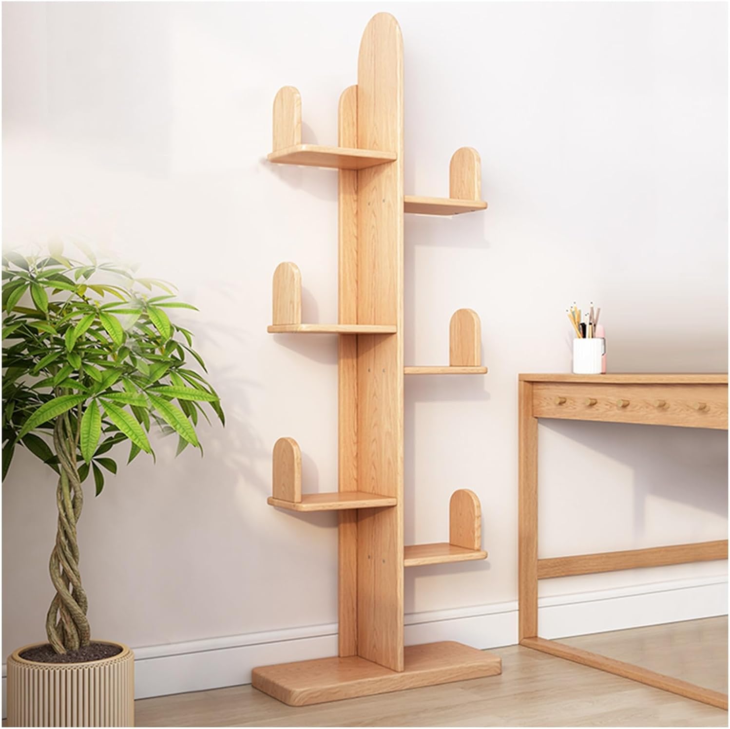 ZFUCMAYL Tree Bookshelf,Tree Storage Display Shelf with Baffle,Floor Standing Bookcase Vertical Book Shelves,Book Tree Shelves for Bedroom Living Room Office(Wood Color)