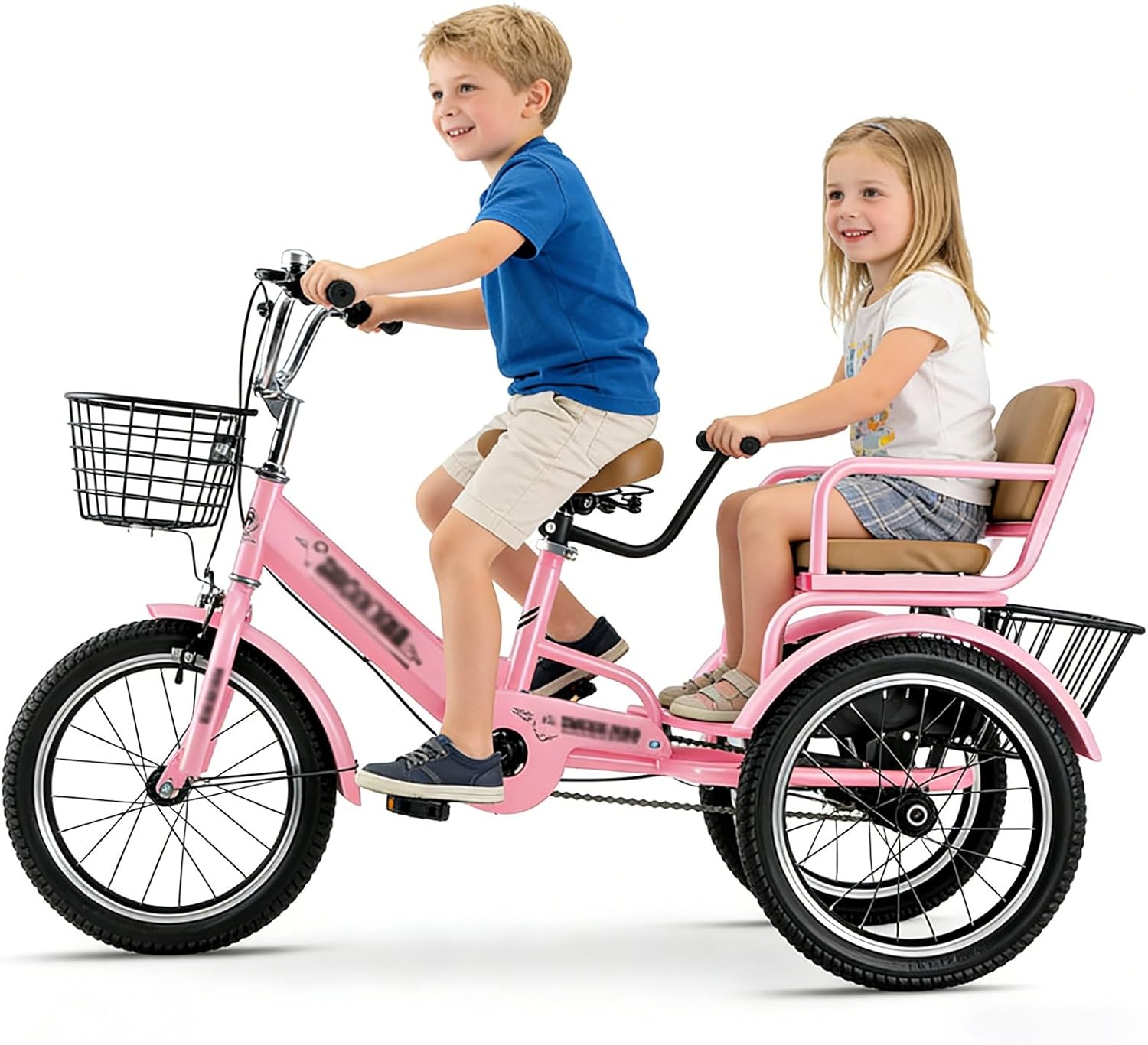 Double Toddler Tricycle, Sturdy Toddler Ride On Toys Age 2-9 for Outdoor Indoor, 3 Wheel Kids Tricycle Rider, Adjustable Seat & Handle(Pink,14in/34cm)