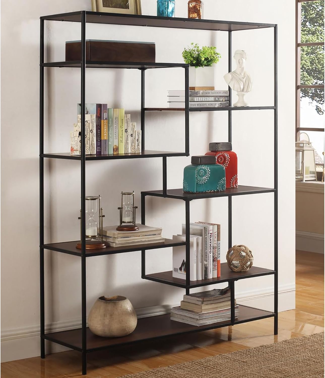 Generic Walnut and Black Staggered Tier Bookcase