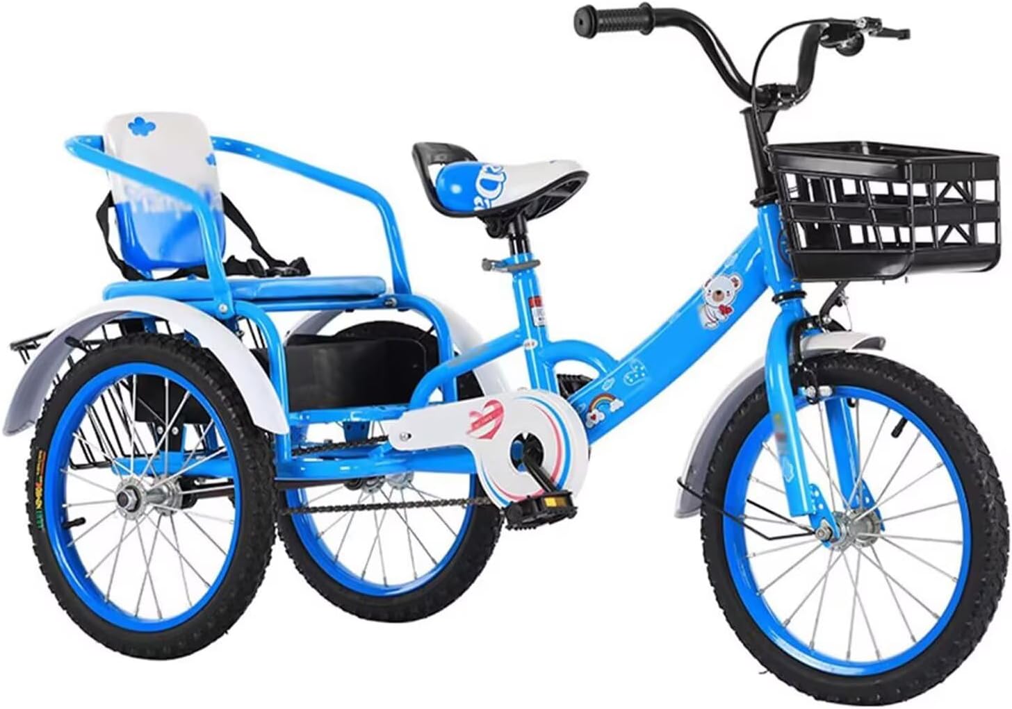 Pedal tricycles for Age 3-10,Cruiser Trike with Single Brake,Tandem trikes with Rear Passenger seat,tricycles for Daily Riding,3 Wheels,Rickshaw for Children, blue-18inch
