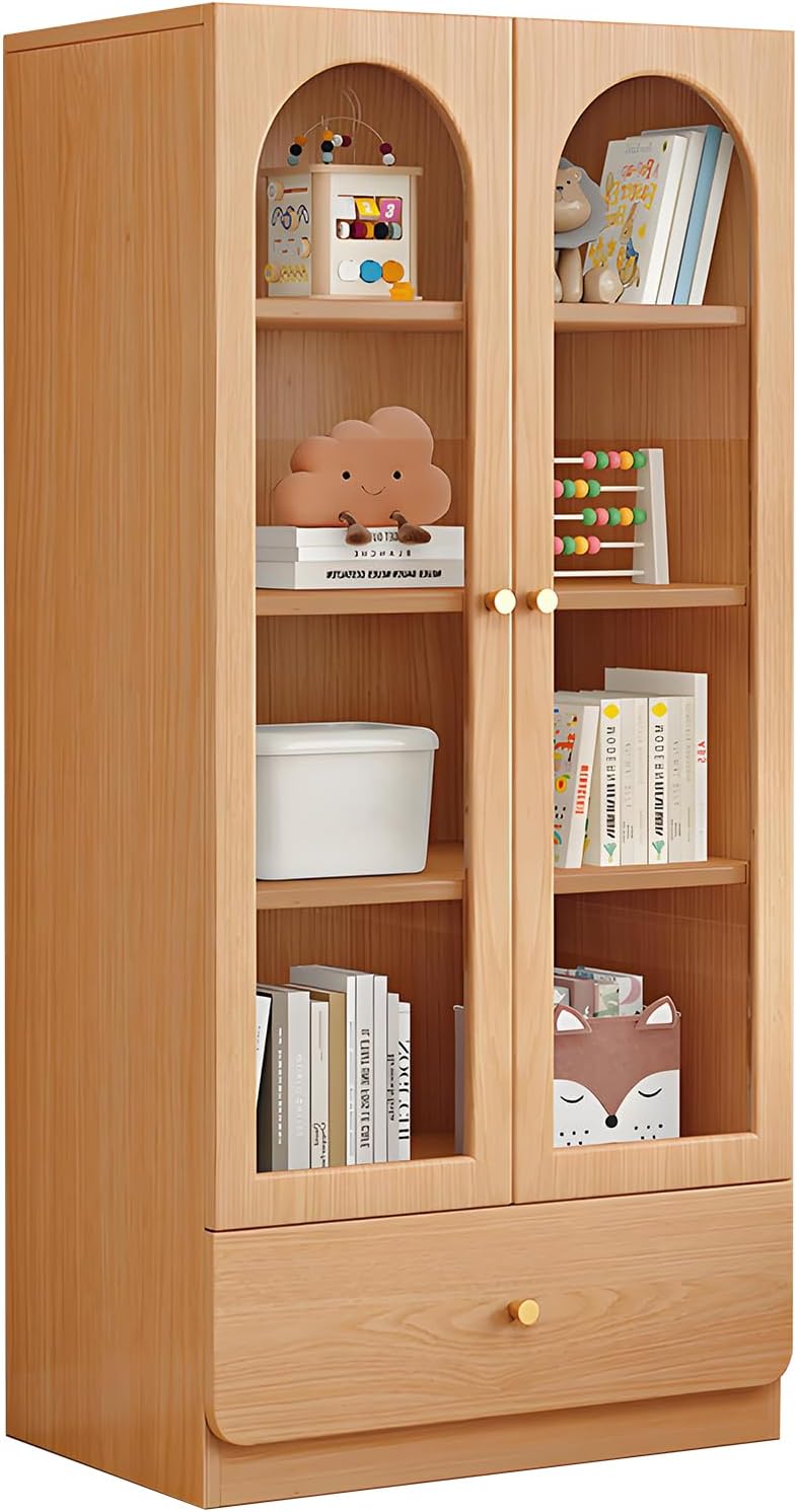 ZTYGXMB Bookcase with Doors and Shelves, Tall Arched Bookshelf with Visible Storage, Wooden Storage Display Cabinet Modern Farmhouse Bookcase for Office, Living Room, Kitchen B 5layer