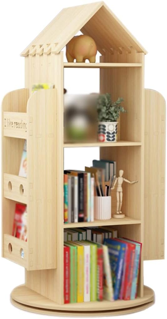 Book Rack Floor Standing Cute House Shape Book Shelf, 360° Rotation of Boys and Girls Bedroom Picture Book Bookcase, Easy to Install Ornament Display Stand (Color : Primary Color, Size : 116 * 59cm)