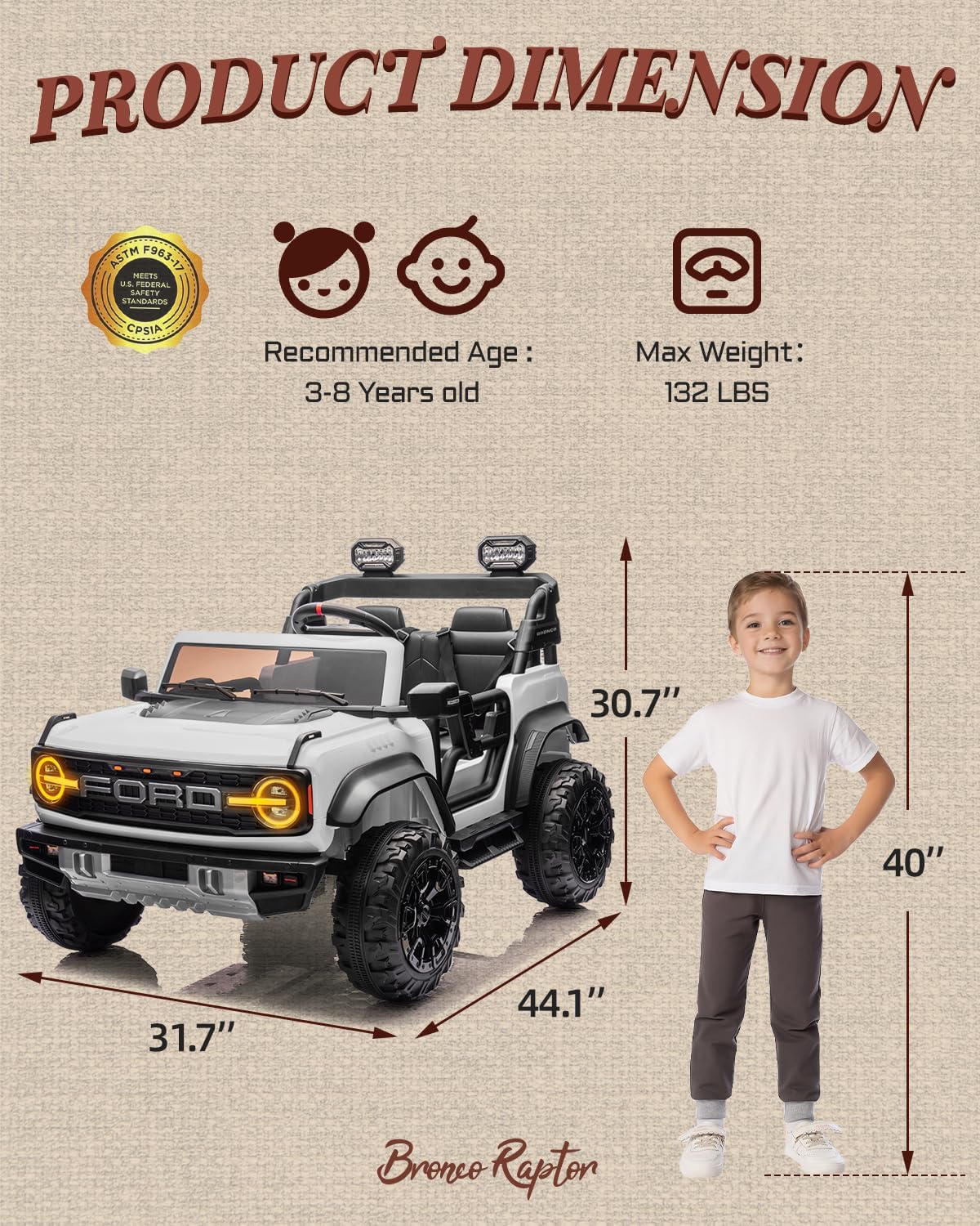 First Ride On Licensed Ford Bronco Raptor 24V 2 Seater Kids Ride on Toys, Battery Powered Electric Ride on Car, Remote Control Electric Car w/Led Lights, Music, High Low Speed (24V, White)