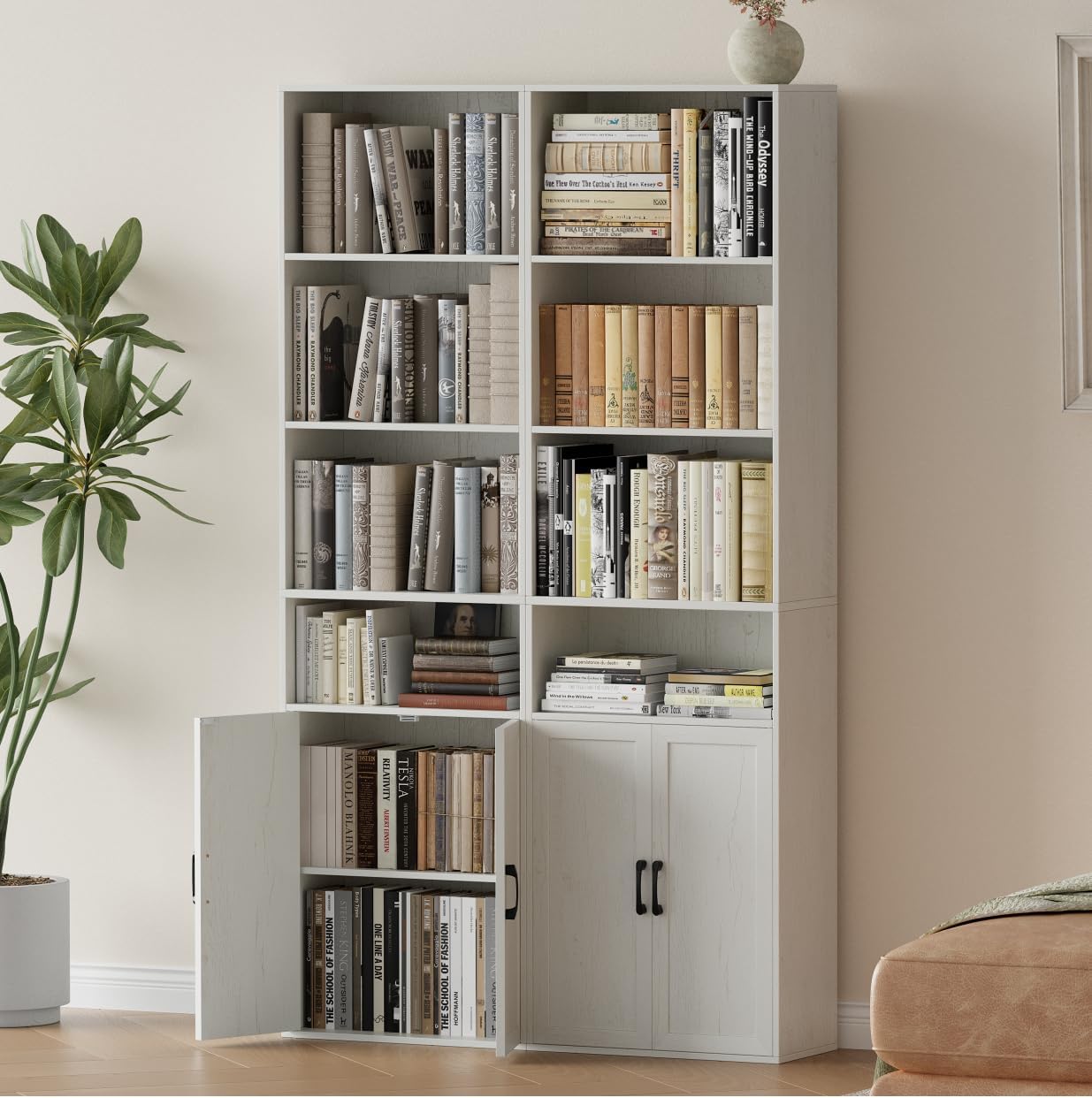 VDNEND Tall Bookshelves and Bookcases, Modern Bookshelf with 4 Tier Wide Open Shelf, Bookcase with Doors Floor Standing 6 Shelf Storage Cabinet for Home Office, Living Room (Retro White, 2 PCS)