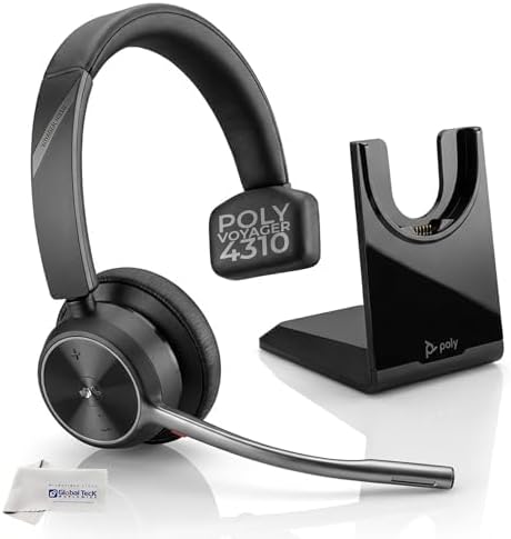 Poly Voyager 4310 UC Wireless Bluetooth Headset (USB-A) with Charging Headset Stand Bundle - Noise Cancelling Mic, Works with USB Deskphone, PC, Mobile, For Zoom and Phone Calls, GTW Microfiber Cloth