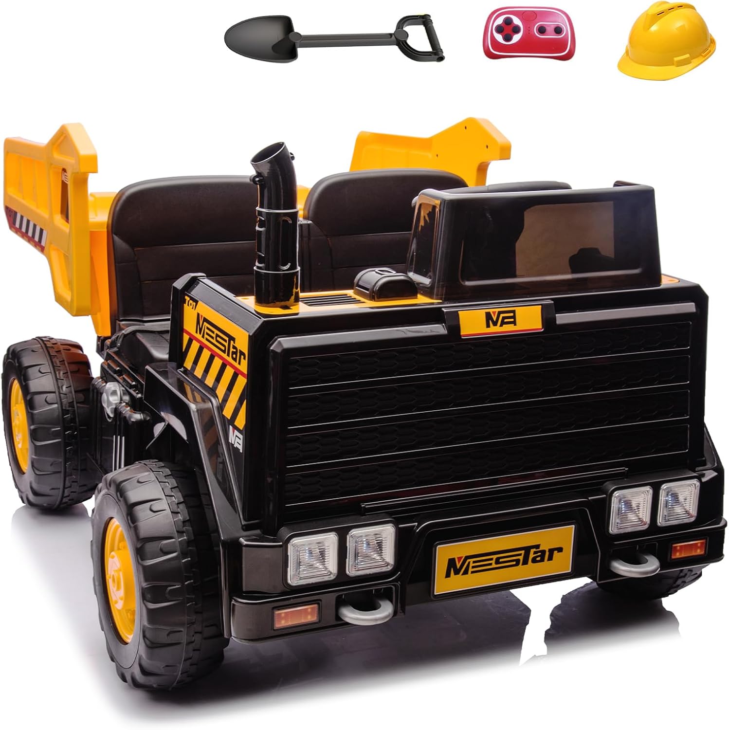 24V Ride On Dump Truck, 2 Seater Ride On Cars with Remote Control, 4WD Motors, Up to 5 Mph, 24v Construction Vehicle w/Electric Dump Bed, Shovel, Helmet, 24V Ride on Toys for Big Kids-Yellow