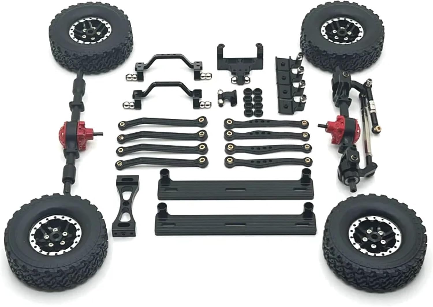 RC Car Parts for WPL C64 C64-1 1/16 RC Car Upgrade Parts Metal Front and Rear Axle Chassis Link Rod Pull Rod Mount Side Pedal Tire Set Modified Parts(Black)