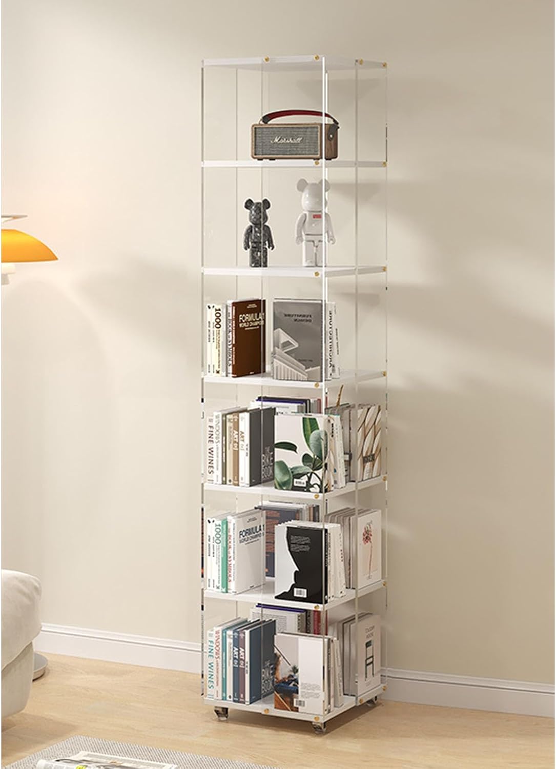 3/4/5/6 Tier Rolling Bookcase Rotating Bookshelf Tower 360 Degree Revolving Bookcase Transparent Acrylic Freestanding Spinning Bookshelf With Wheels 360° Spinning Bookshelf Tower For Bedroom,Living Ro