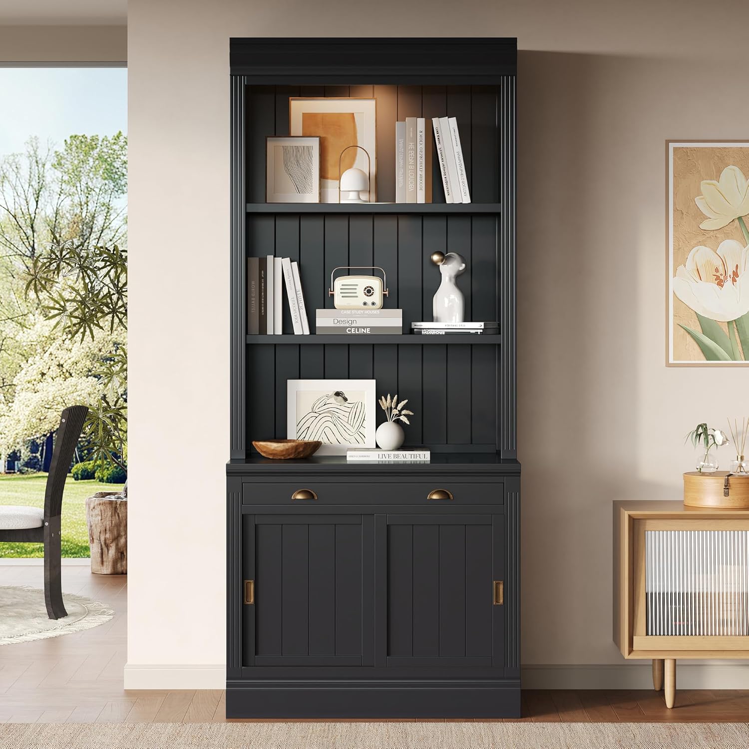 MaiDeHaoo Tall Bookcase with Storage Cabinet and LED Lights Bookshelf Cabinet with Sliding Doors and Open Shelves Bookcase with Display Storage Shelf for Home Office - Black