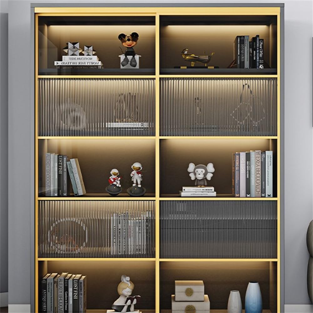 KWOKING Modern Wooden Bookshelf Rectangular With Doors Rectangular Shelves Office Bookcase Sliding Glass Door Bookshelf Display Cabinet Living Room Bookcase Grey - Vertical Glass 39