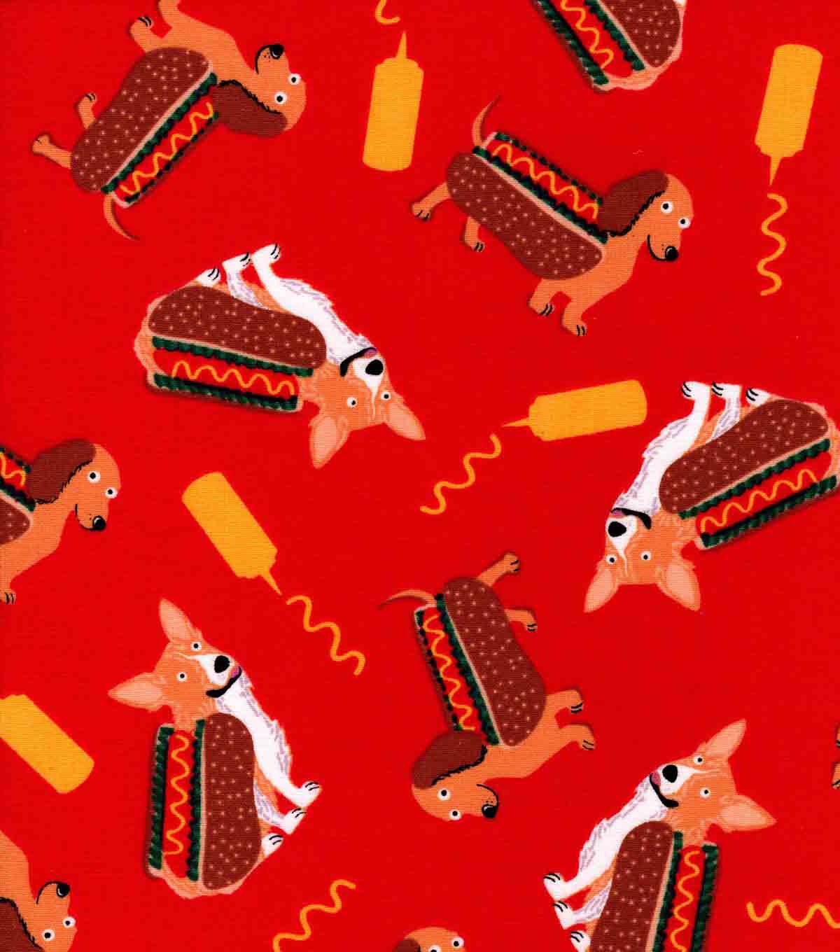 Hot Dogs On Red Novelty Cotton Fabric