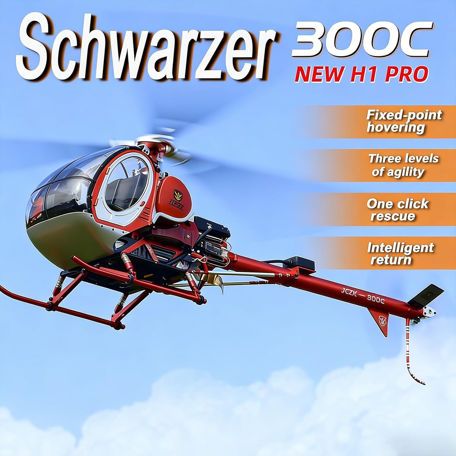 C300 2.4G Flybarless Remote Control Helicopter with 3-Rotor LED Lights & Openable Cockpit RC Aircraft Model Toy Gift for Adults Enthusiasts - 2 Battery(Red,Left-Hand Throttle)