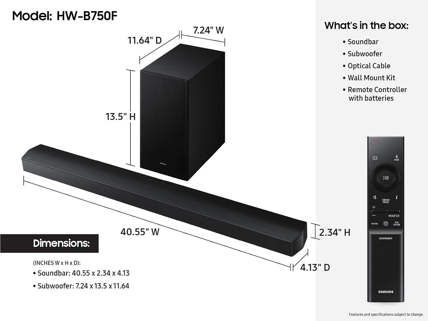 Samsung B-Series Soundbar HW-B750F 5.1 ch Subwoofer (2025 Model) Voice Enhance Mode, Q-Symphony, Adaptive Sound