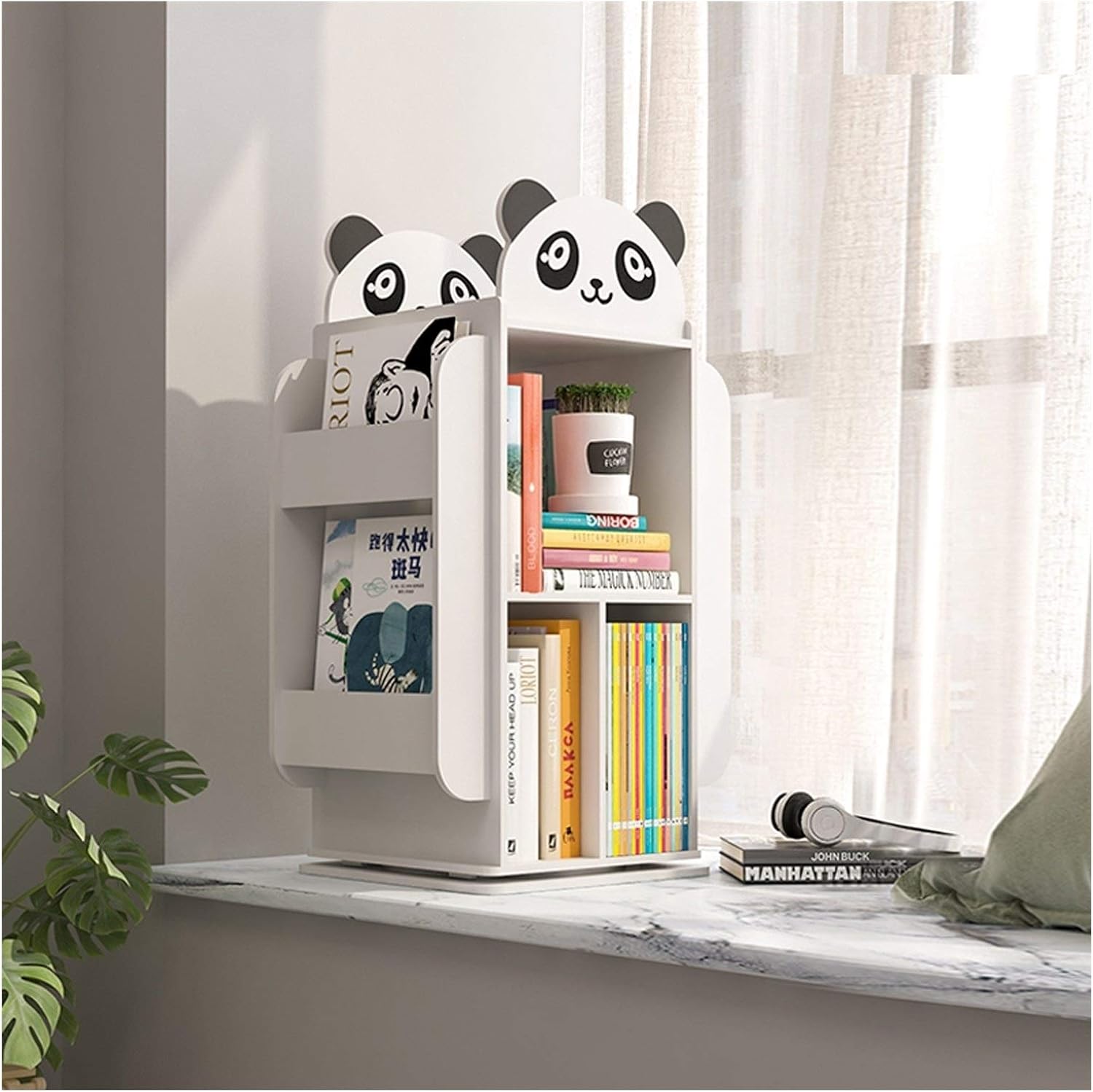 NERDOH Book Shelf Organizer Children's Bookshelf Floor Storage Rack Children's Picture Book Storage Rack Creative Rotatable Small Wooden Bookcase for Home Children's Room Nursery Bookshelf (Color