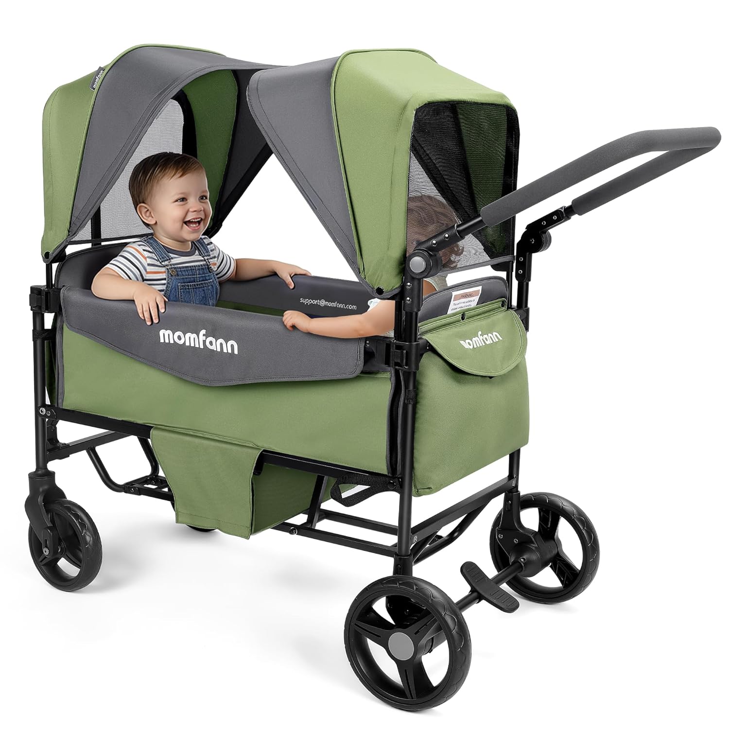 Stroller Wagon for 2 Kids, All-Terrain Foldable Kids Wagon with Sun Canopy, Adjustable Push & Pull Handles, 5-Point Safety Harness, Parent Organizer for Travel, Park & Outdoor Use – Green
