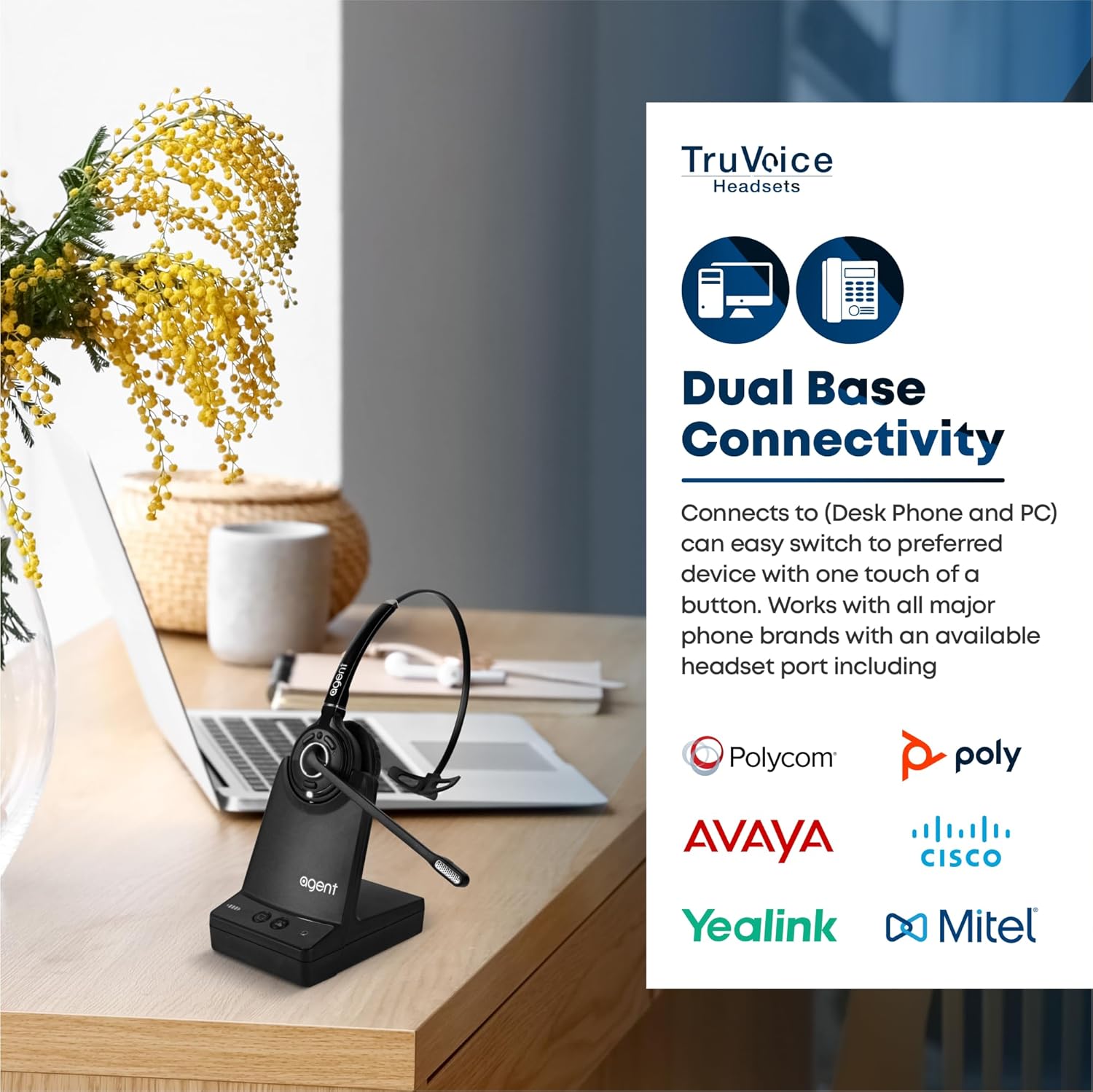 TruVoice Agent AW50 2-in-1 DECT Wireless Headset with Noise Canceling Microphone for Desk Phone and PC | 500 FT Maximum Range (15 x Bluetooth Distance) - Remote Answer Capability with Additional EHS