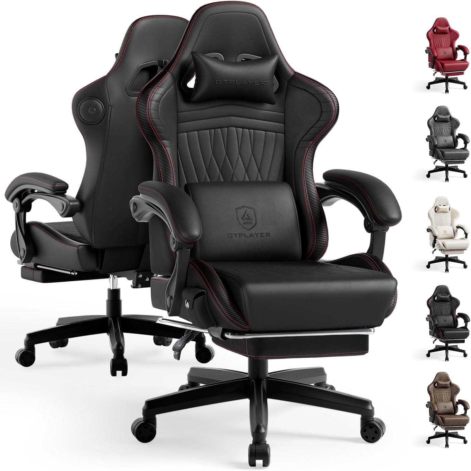GTPLAYER ACE-PRO Music Gaming Chairs – Built-in Speakers, App Support & Bluetooth Control, Computer Game Chairs with Footrest for Adults, Ergonomic, Reclining, Linkage Armrest, Black & Red Stitch
