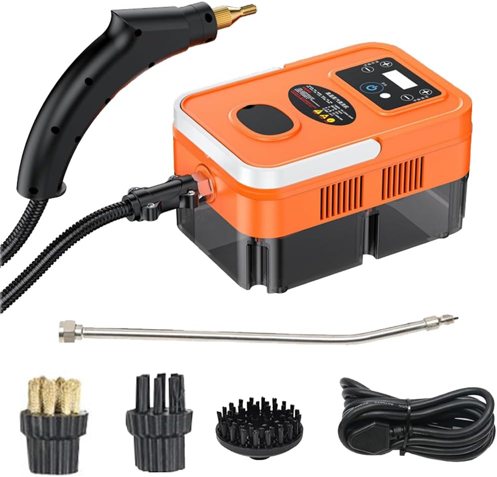 FlexiSpaceUS High Pressure Handheld Steam Cleaner, 1600W Handheld High Temperature Touch Screen Cleaner with 6 Brush Heads, 1200ml Tank, 3.0 Bar (Orange)
