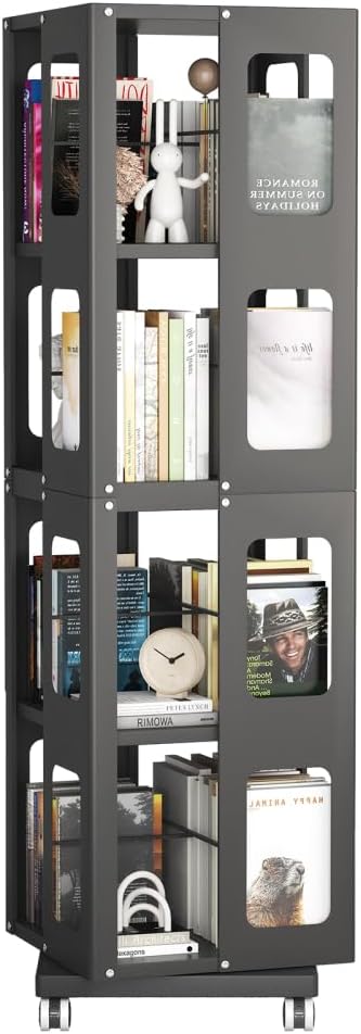 Hayiodda 4 Tier Rotating Bookshelf with Wheels, Modern All Steel Tall Bookshelf with Adjustable Shelves, Large Corner Book Shelf Bookcase for Home Office, Easy Assembly (Black)