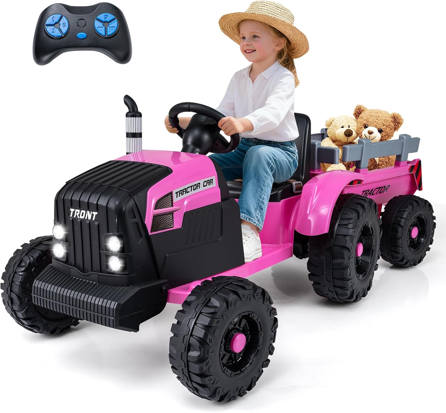 HONEY JOY 24V 9AH Ride On Tractor with Detachable Trailer, Ride On Car Toys w/Remote Control, LED Lights, Slow Start, Music, Battery Powered Electric Tractor for Big Kids Boys Girls Gift (Pink)