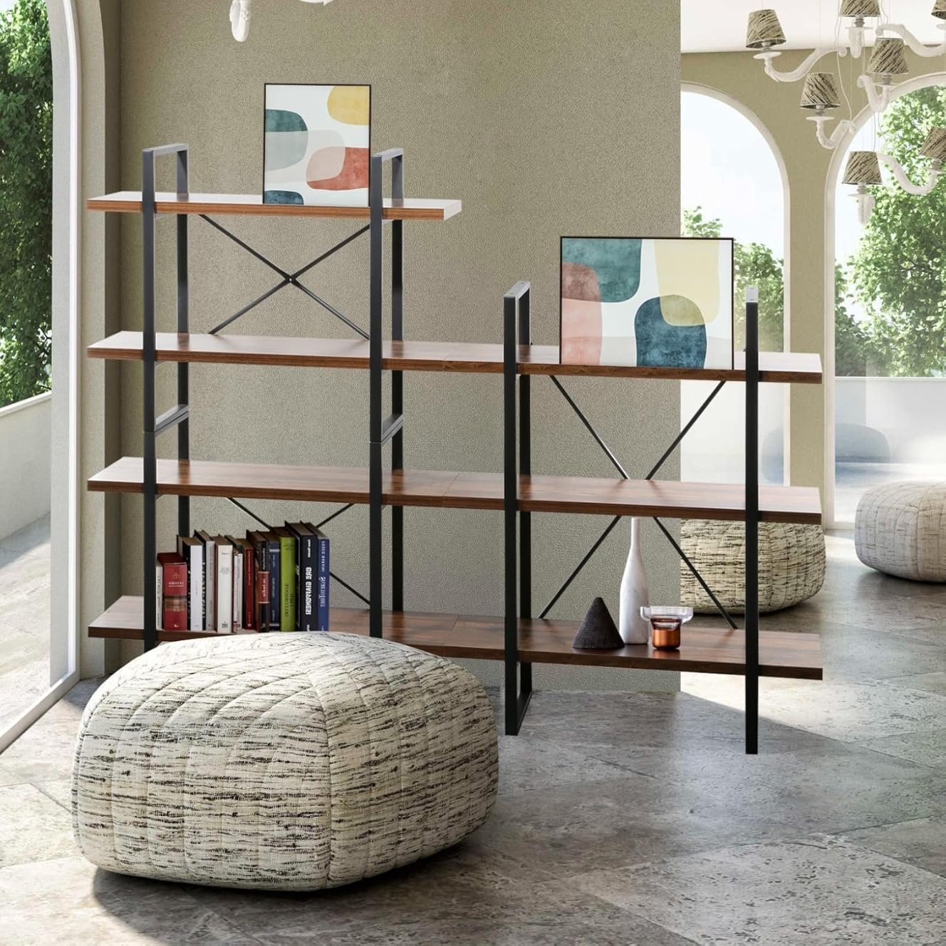 Adjustable Antique Walnut Wood and Metal Display Steel Bookcase Right 70.86 * 57.65 * 11.34 Brown Natural Mid-Century Modern Contemporary MDF