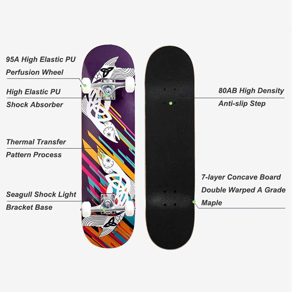 Complete Skateboard - 7-Ply Chinese Maple Wooden Skate Board - Perfect for Kids and Beginners Learning New Stunts and Tricks Skateboard Cruiser Retro Skateboard Wheels with All-in-One Skat (D)