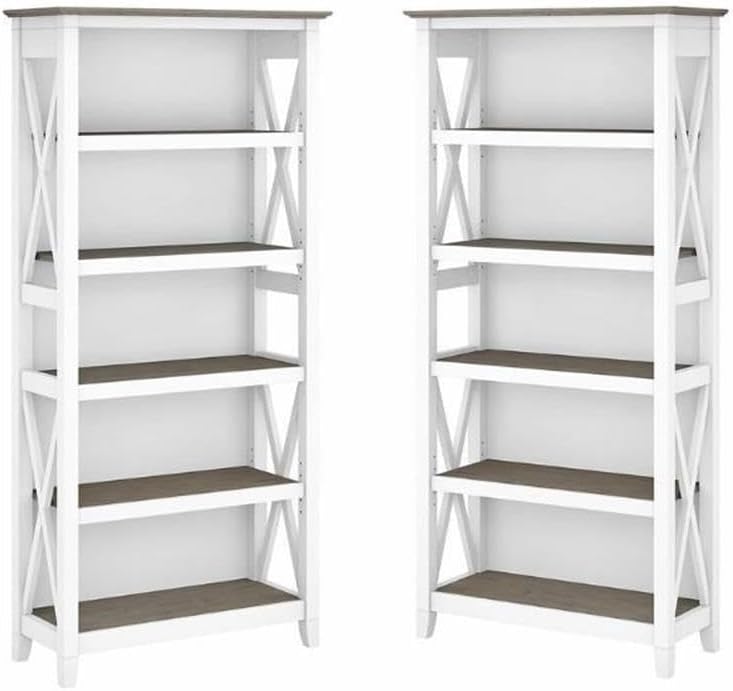 Home Square 5 Shelf Wood Bookcase Set in Pure White and Shiplap Gray (Set of 2)