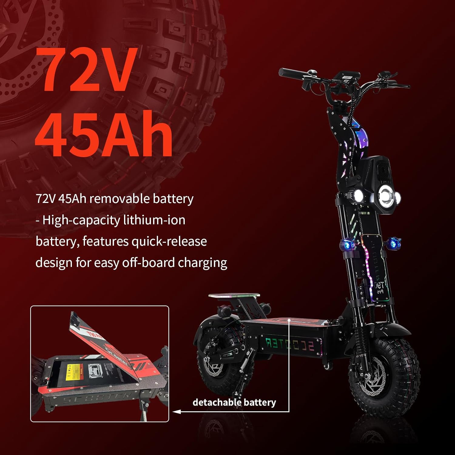 T90 Pro Electric Scooter Adults 10000W Dual Motor, 72V Removable Battery, 14” All Terrain Fat Tires, 65 Miles Range 68 MPH, Foldable Scooter