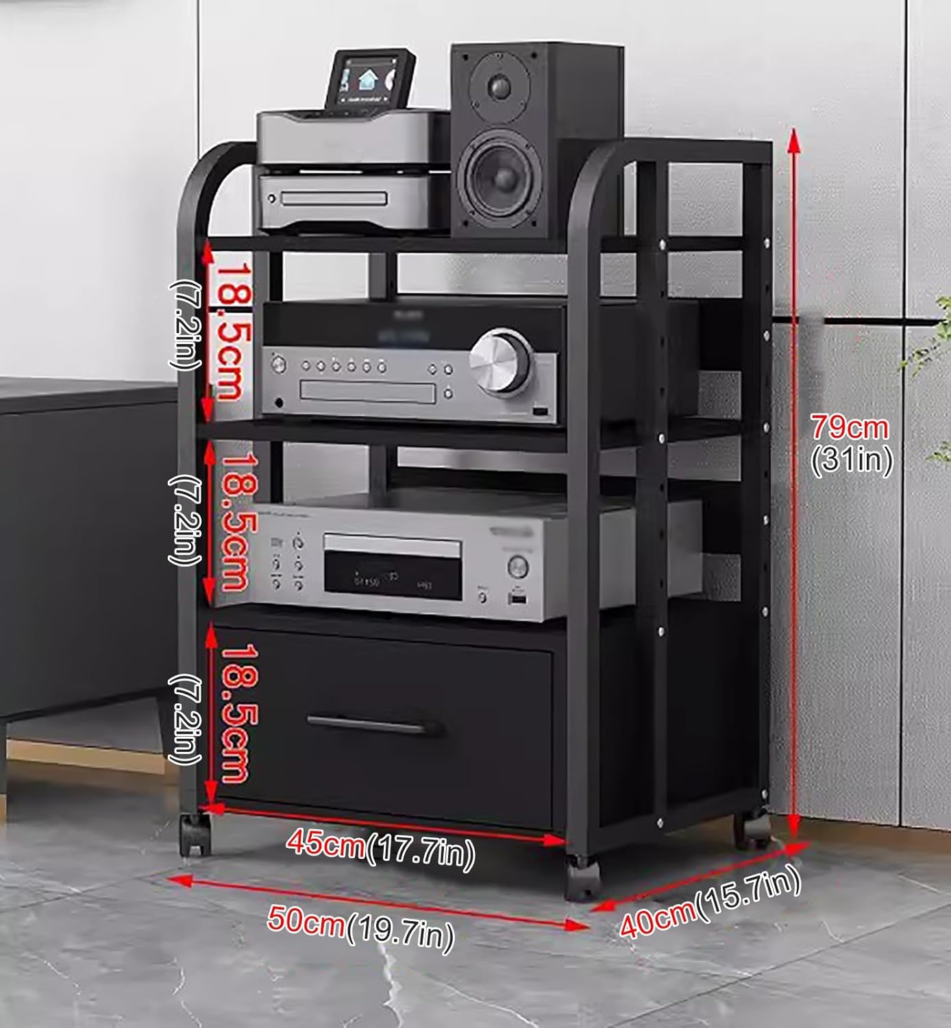 JYHHCYS Home Stereo Rack System with Height-Adjustable Shelf & Wheels