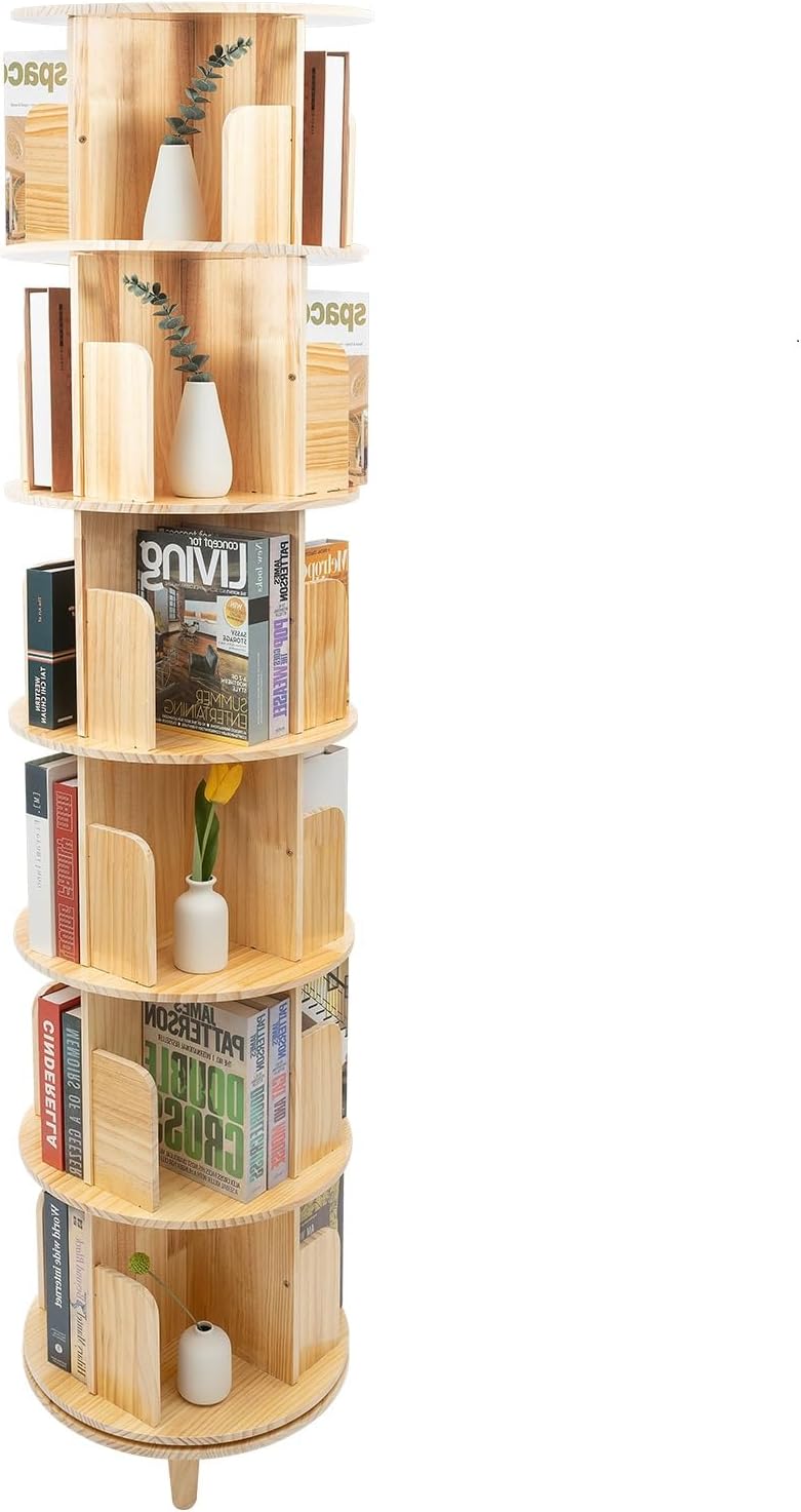 LUOSHALIYA 6 Tiers Solid Wood Rotating Display Bookshelf, Wooden Floor Standing Bookcase Storage Rack, 360 Rotating Book Shelf Display Bookcase, Stackable Bookshelf Organizer (6 Tiers)