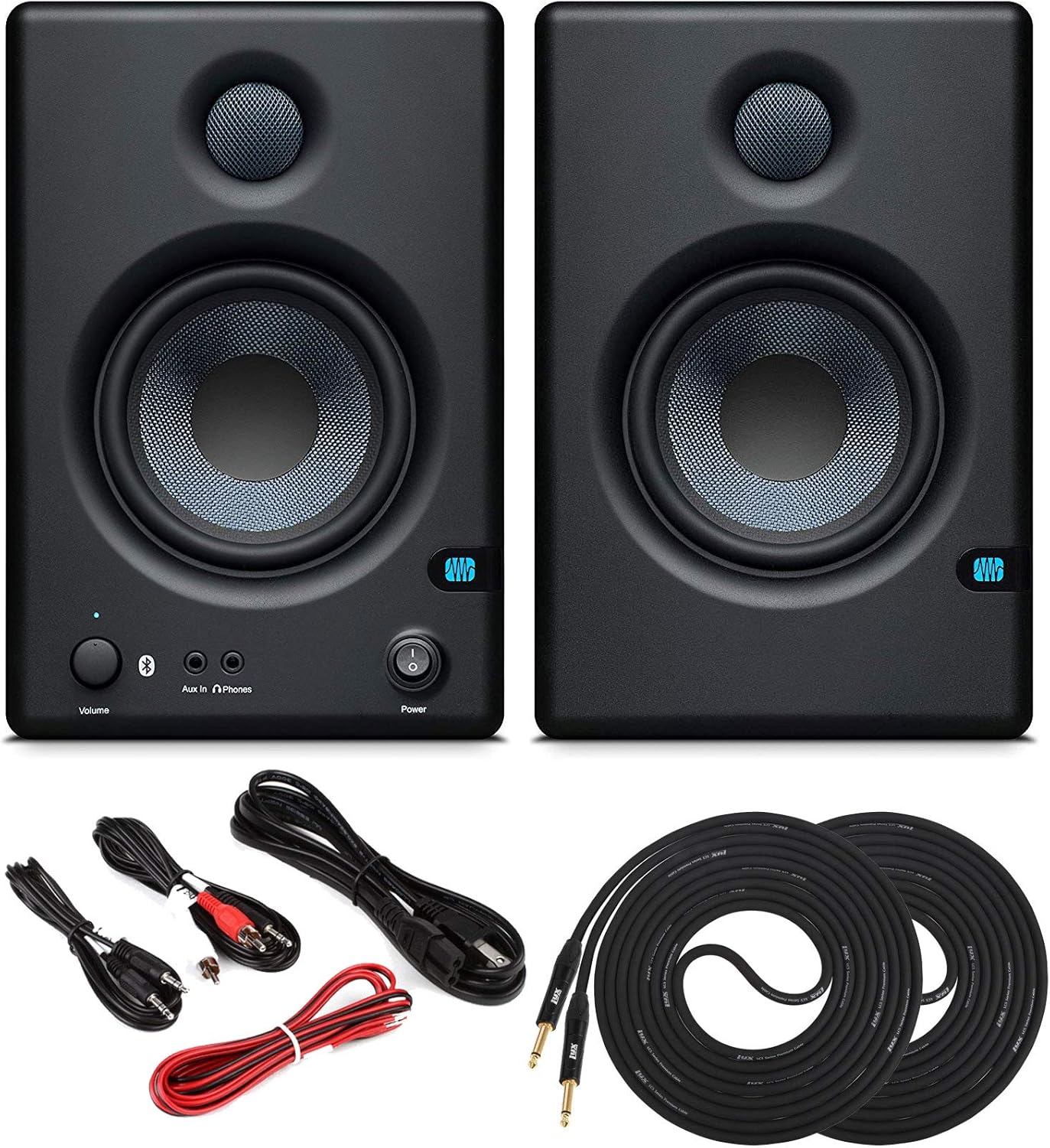 PreSonus Pair ERIS E4.5 BT 4.5 Active Bluetooth Media Reference Monitors with Stereo Cable Kit and 2x TS/TS Instrument Cables - Wireless Streaming Sound from a Smartphone, Tablet, Laptop