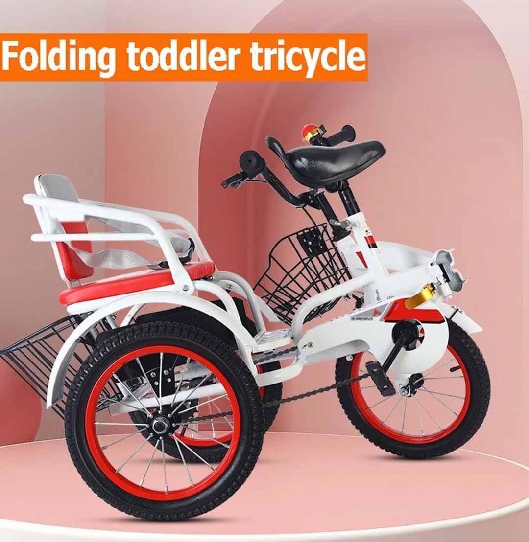 Folding Toddler trikes with Parent Handle,3-10 Years Tandem tricycles with Rear Passenger seat,Height Adjustable Saddle with armrest,3 Wheeler Pedal Rickshaw trikes with Pneumatic tire Spoke Wheel
