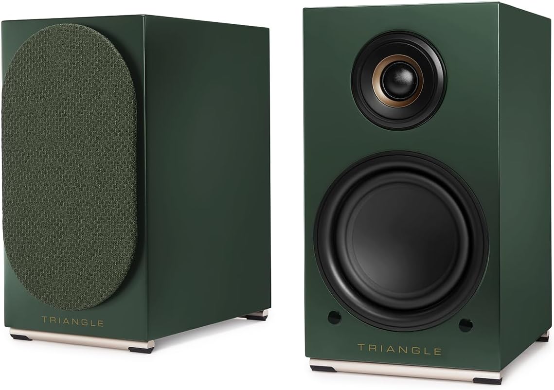 triangle - AIO Twin - Wi-Fi & Bluetooth Active Bookshelf Speakers with 2x50W Amplifier - HD Audio - Phono/Turntable + Optical TV Inputs - 165 x 304 x 235 mm - Green (Pair)