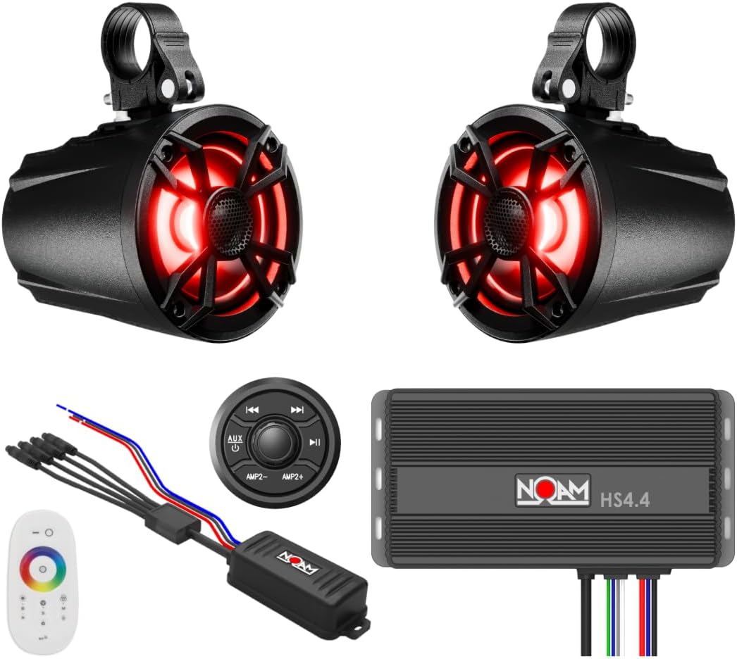 NOAM NUTV5 - Marine ATV/Golf Cart/UTV Stereo System kit with 2 Waterproof LED Light Tower Speakers