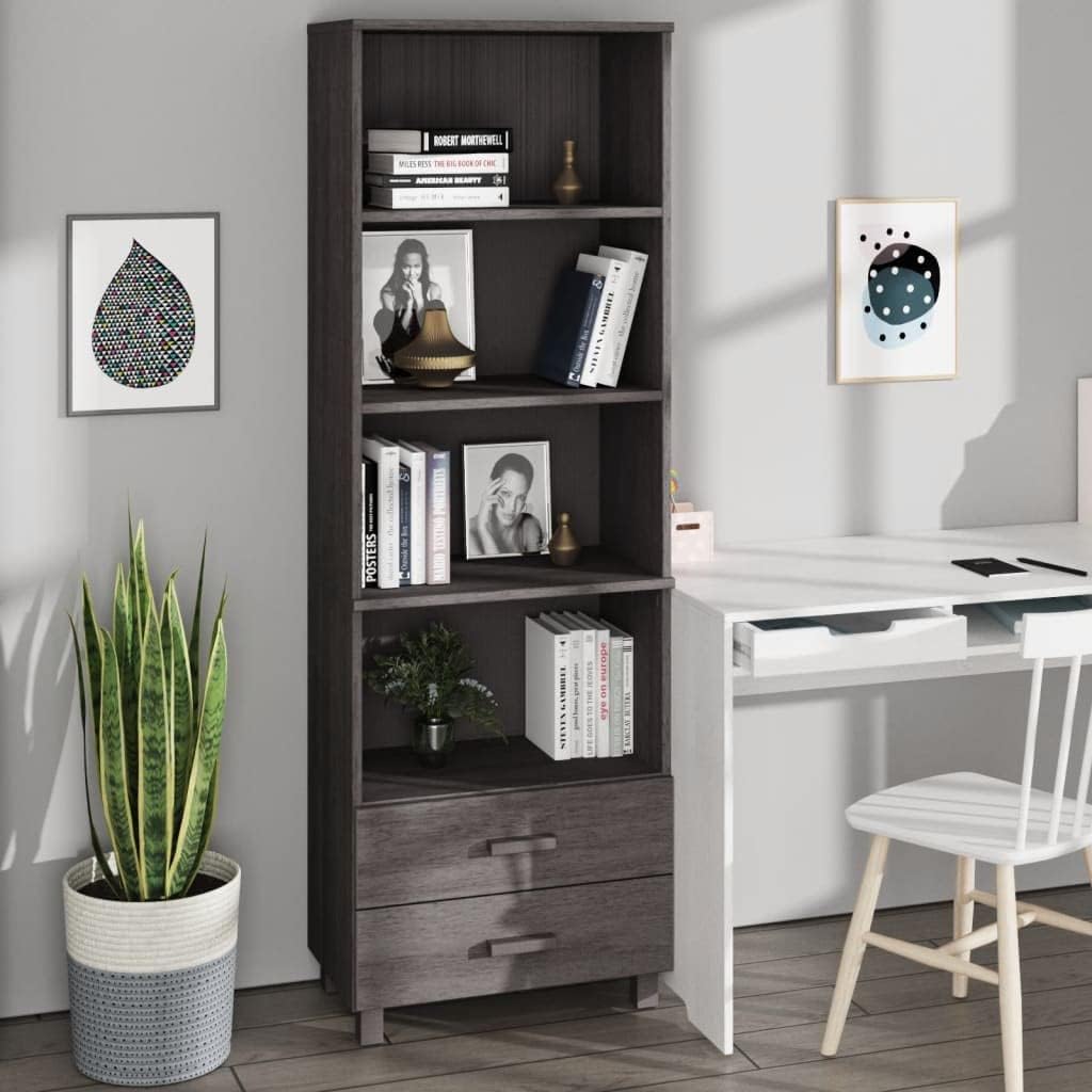 GOLINPEILO Wooden Highboard Bookcase, Light Gray 4-Tier Bookshelf with 2 Drawers, Standard Book Shelves Display Shelf Solid Wood Pine for Home Office 23.6
