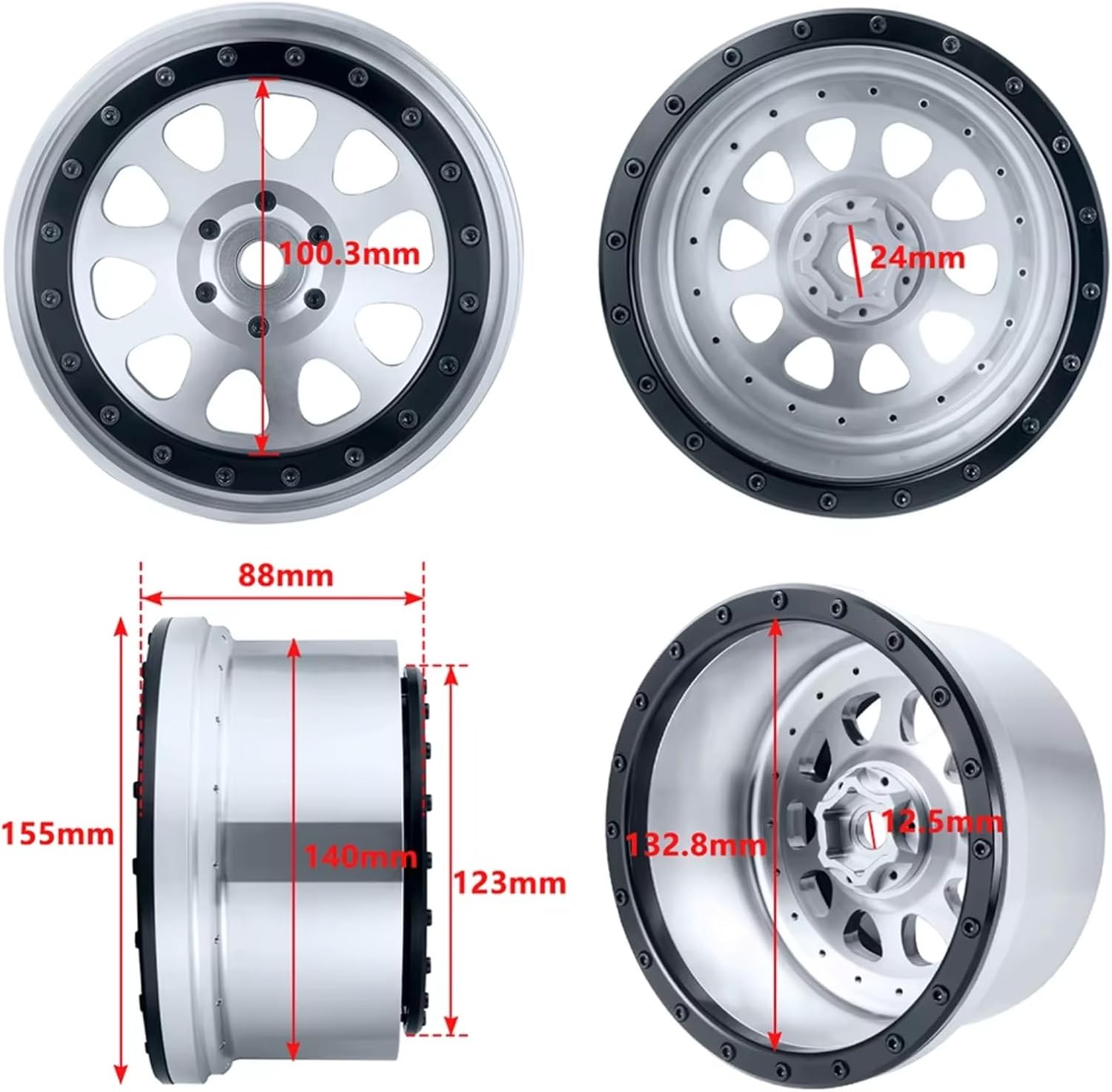 Rc Car Parts For Traxxas For X-MAXX For DBXL For Kraton 8S 10151-13/00 1/5 4PCS 4.3inch Beadlock Wheels Rims Hubs 24mm Hex Tires RC Parts(Silver)