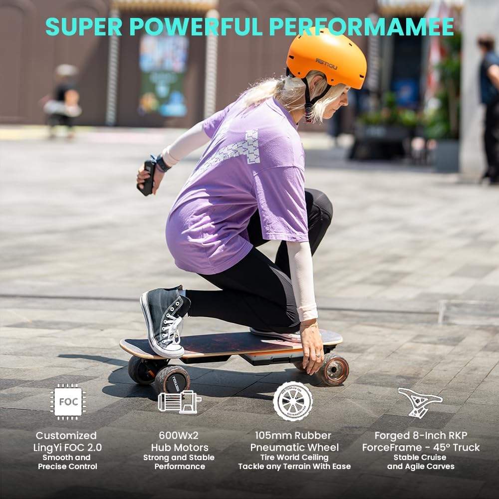Electric Skateboard with Remote, Max 600W×2 Hub-Motors, Swappable Battery, Up to 28 MPH, 12–25 Miles Range, 4 Speed Modes, Electric Longboard for Adults & Beginners (Flamo / S3 / Pixel Series)
