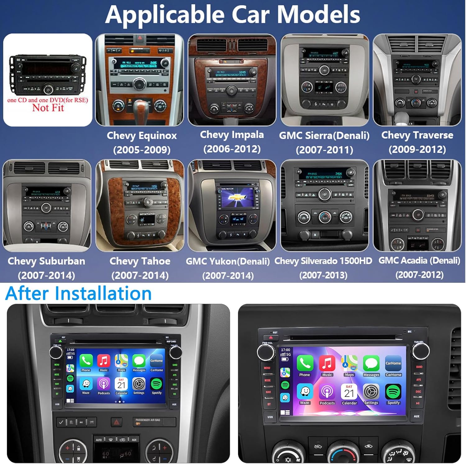 Car Radio Stereo for Chevrolet Impala GMC Sierra Acadia Yukon Chevy Silverado Tahoe Suburban 2007-2013 with Wireless Carplay Andriod Auto Navi 7inch Touchscreen Bluetooth CD DVD Player